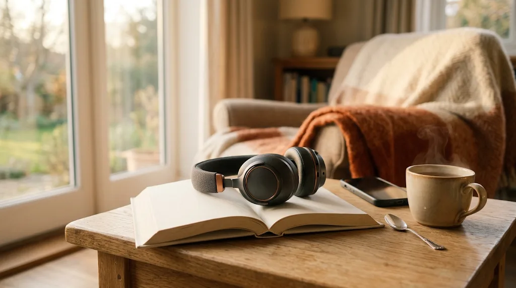 Un casque audio posé sur un livre ouvert, sur une table en bois près d'une fenêtre, à côté d'une tasse de thé fumante et d'un fauteuil couvert d'un plaid