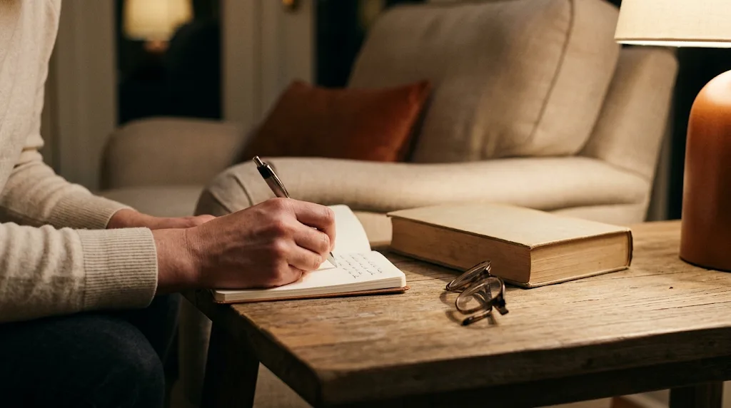 Une main écrit dans un carnet à côté d'un roman refermé et d'une paire de lunettes, à la lumière d'une lampe