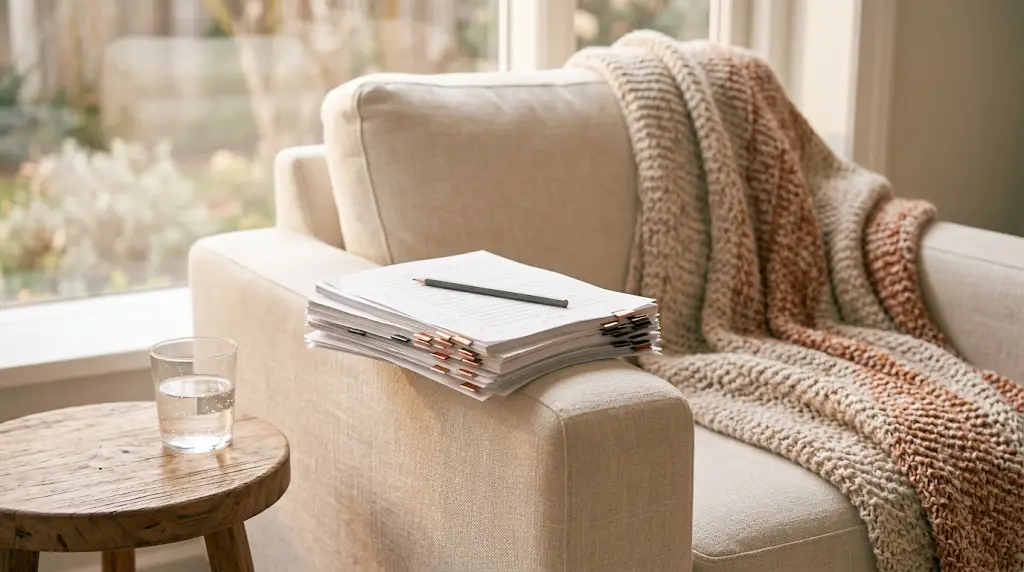 Une pile de feuillets de manuscrit hérissée de marque-pages cuivrés, posée avec un crayon sur l'accoudoir d'un fauteuil en lin près d'une fenêtre, à côté d'un plaid tricoté et d'un verre d'eau