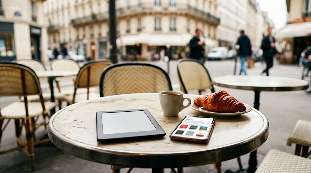 Une liseuse, un smartphone affichant une newsletter de livres, un café et un croissant sur une table de terrasse parisienne