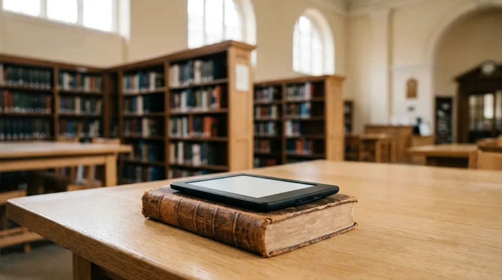 Une liseuse posée sur un vieux livre relié en cuir, sur une table de bibliothèque publique