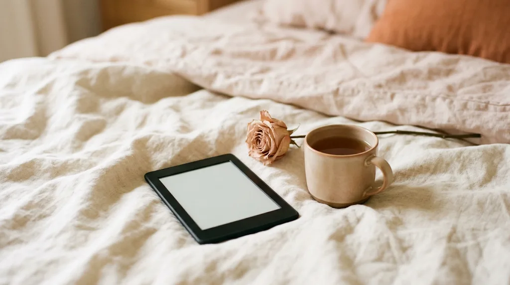 Une liseuse, une rose séchée et une tasse de thé posées sur des draps de lin, dans la lumière du matin