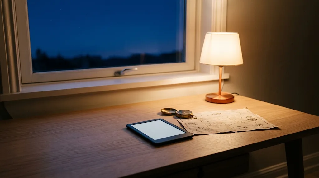 Une liseuse, une boussole ancienne et une carte dessinée sur un bureau, près d'une fenêtre à la nuit tombante