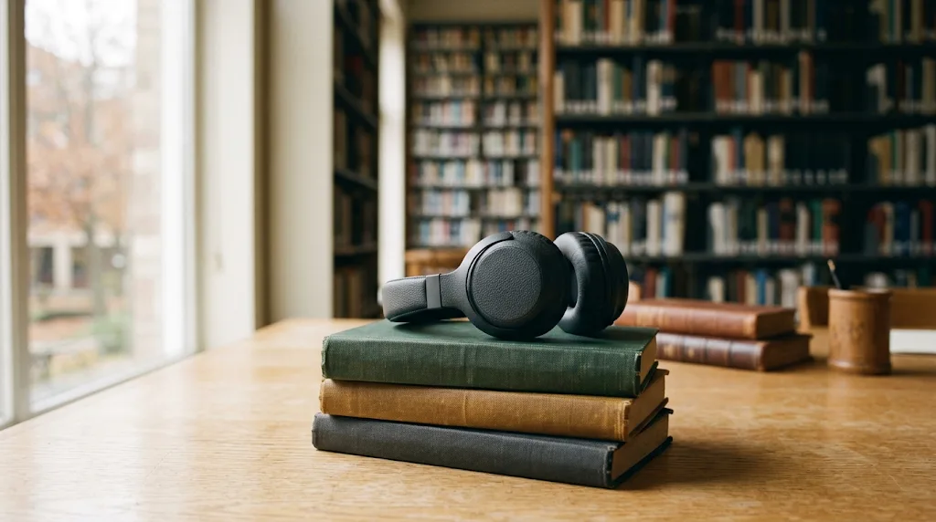 Un casque audio posé sur une pile de vieux livres reliés, sur une table de lecture dans une bibliothèque publique