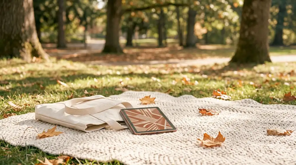 Une liseuse posée sur un plaid en laine crème dans un parc ensoleillé, à côté d'un sac en toile et de feuilles mortes dorées