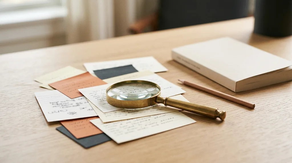 Une loupe en laiton posée sur des fiches couvertes de notes manuscrites, à côté d'un livre et d'un crayon