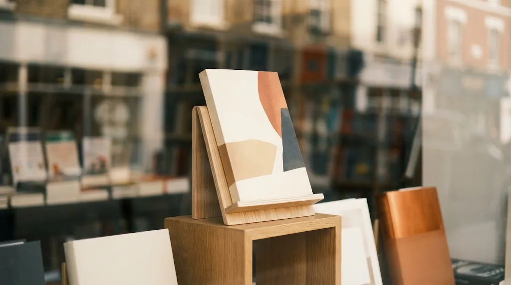 Un livre à la couverture abstraite mis en valeur sur un présentoir en bois, dans la vitrine d'une librairie