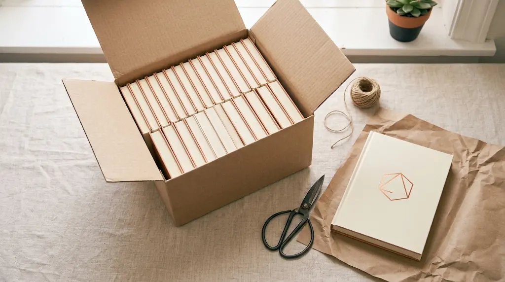 Un carton ouvert rempli d'exemplaires neufs d'un même livre broché, sur une nappe de lin, à côté d'un exemplaire posé sur du papier kraft, d'une paire de ciseaux et d'une bobine de ficelle