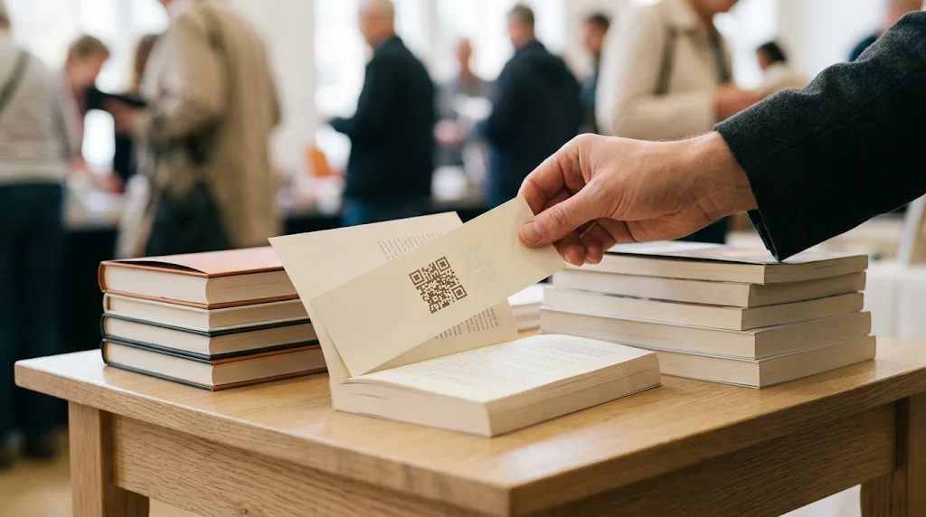 Une main tient un marque-page avec un QR code au-dessus d'un livre ouvert, sur une table de salon du livre